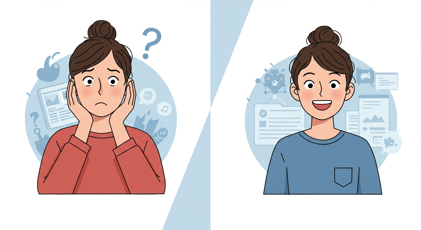 A person looking confused in front of a poorly designed landing page, versus a person smiling confidently in front of a well-designed, AI-optimized landing page. Use contrasting expressions and visual elements to highlight the impact of good design.