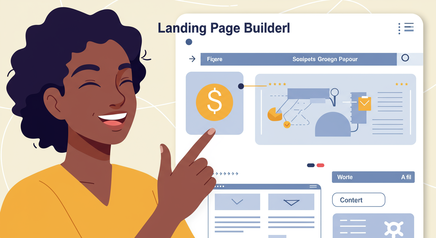 A person happily dragging and dropping elements on a landing page builder interface. The interface is clean and intuitive, featuring AI suggestions for content. The style is bright and optimistic.