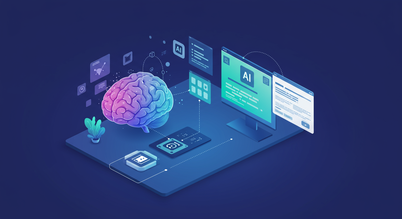 A stylized digital illustration of a brain connected to a landing page template, showcasing the AI's ability to generate content and optimize design. Use a color palette of blues, greens, and purples to represent intelligence and creativity.